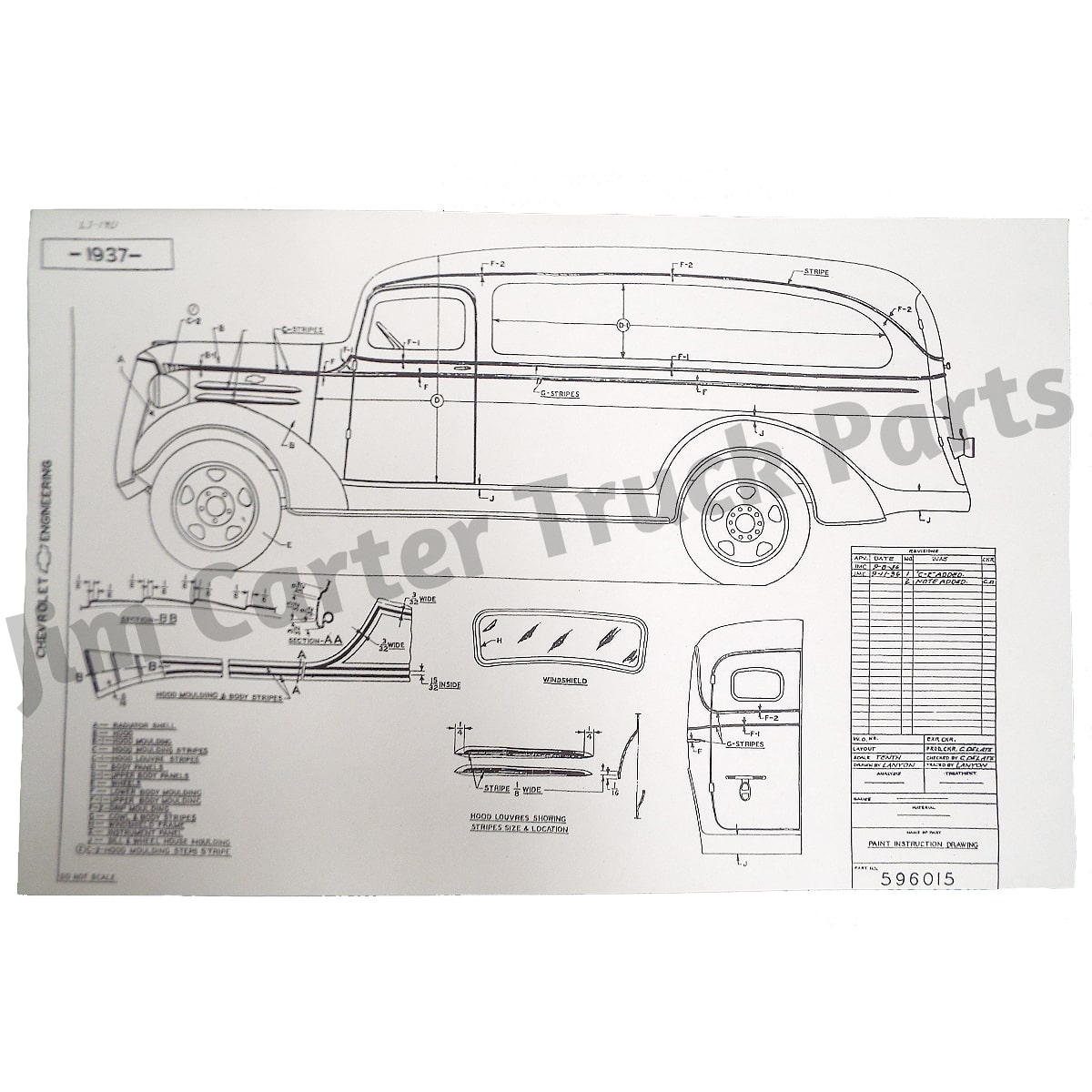 1937-1938 Pin Stripe Blueprint Locations and Sizes of Pin Strip Chevrolet and GMC Pickup Truck