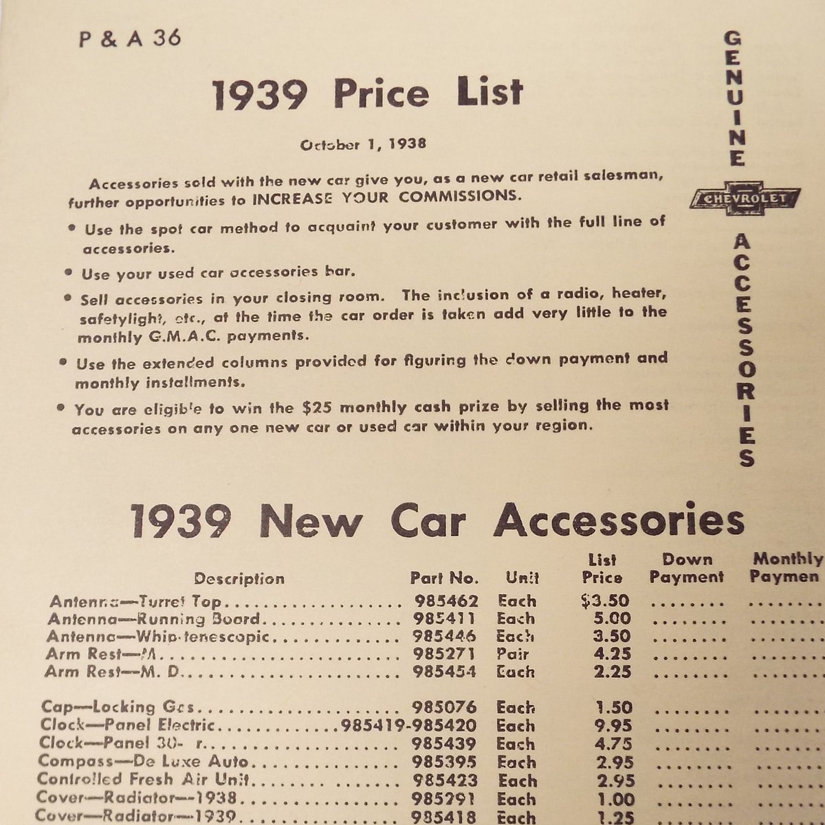 1939 Accesory Listing Chevrolet and GMC Pickup Truck