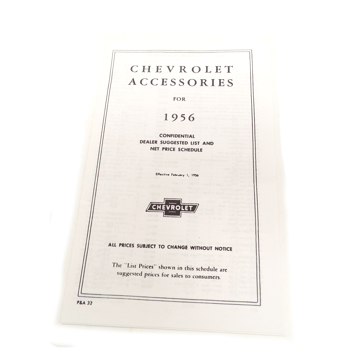 1956 Accessory Listing For Chevrolet Pickup Truck