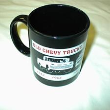 1960-1972 Coffee Mug-11 Ounce Black Porcelin with Pickup Truck Drawings Chevrolet and GMC Pickup Truck