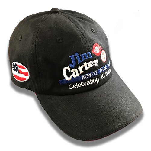 Jim Carter 40th Anniversary Cap. Black w/USA Flag on side with website Chevrolet and GMC Pickup Truck