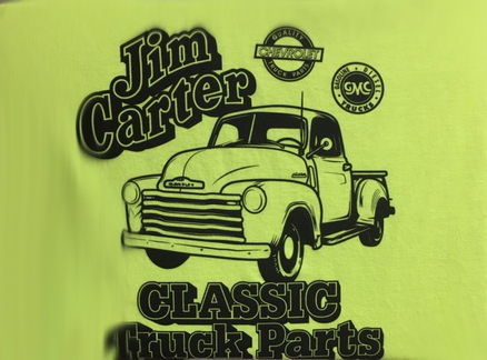 1947-1953 T-Shirt X-Large Neon Green Jim Carter Chevrolet Pickup Truck on Front Black ink