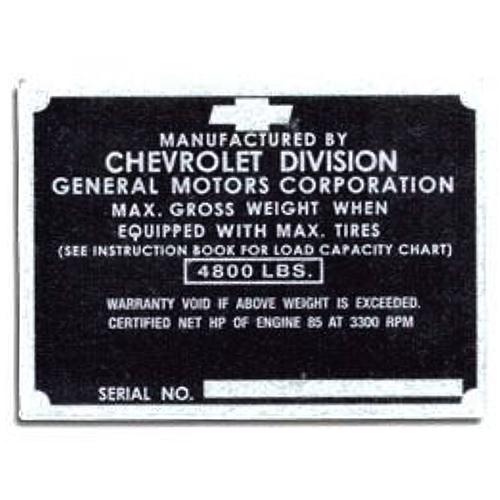 1951-1952 ID Plate 1/2 Ton Chevrolet Pickup Truck