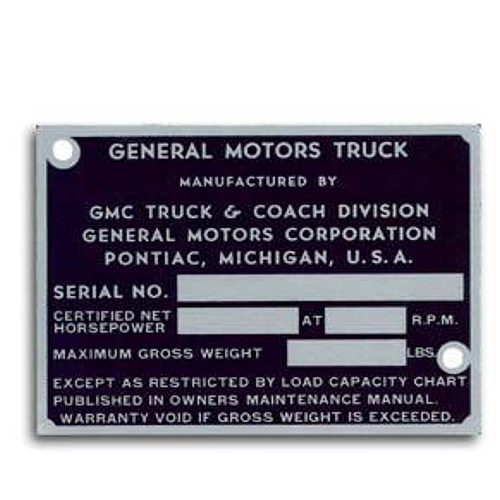 1947-1952 ID Plate GMC all weights Trucks