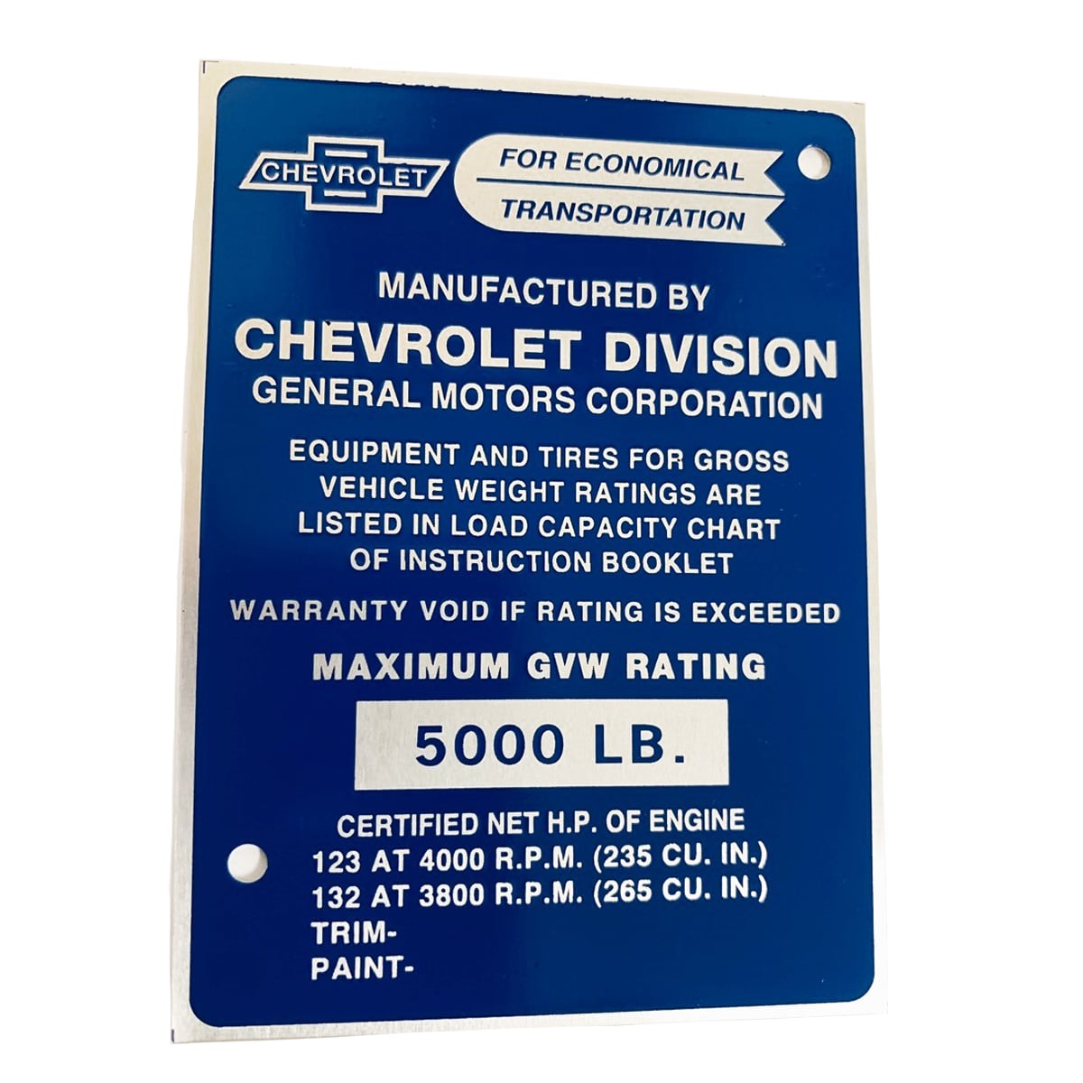 1956-1957 1/2-ton Door Post ID Plate Chevrolet Pickup Truck